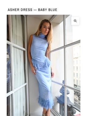 Asher Baby Blue Midi Dress with Feather Trim